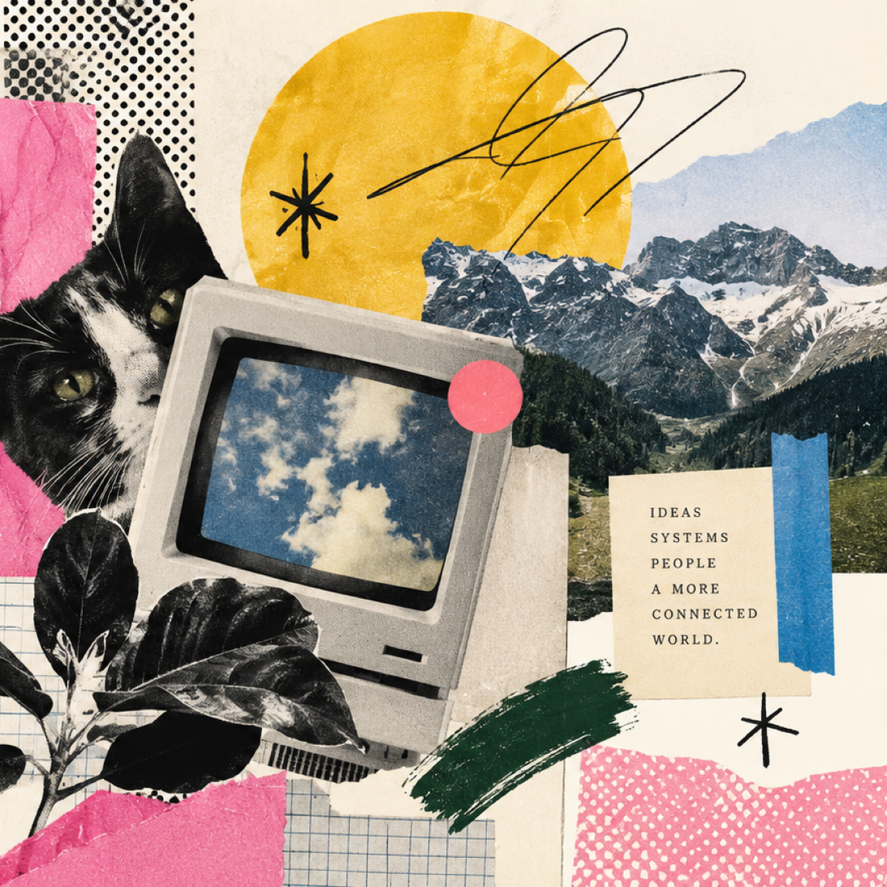 Paper collage with a cat, botanical leaves, mountains, clouds, ink marks, and bright color fields